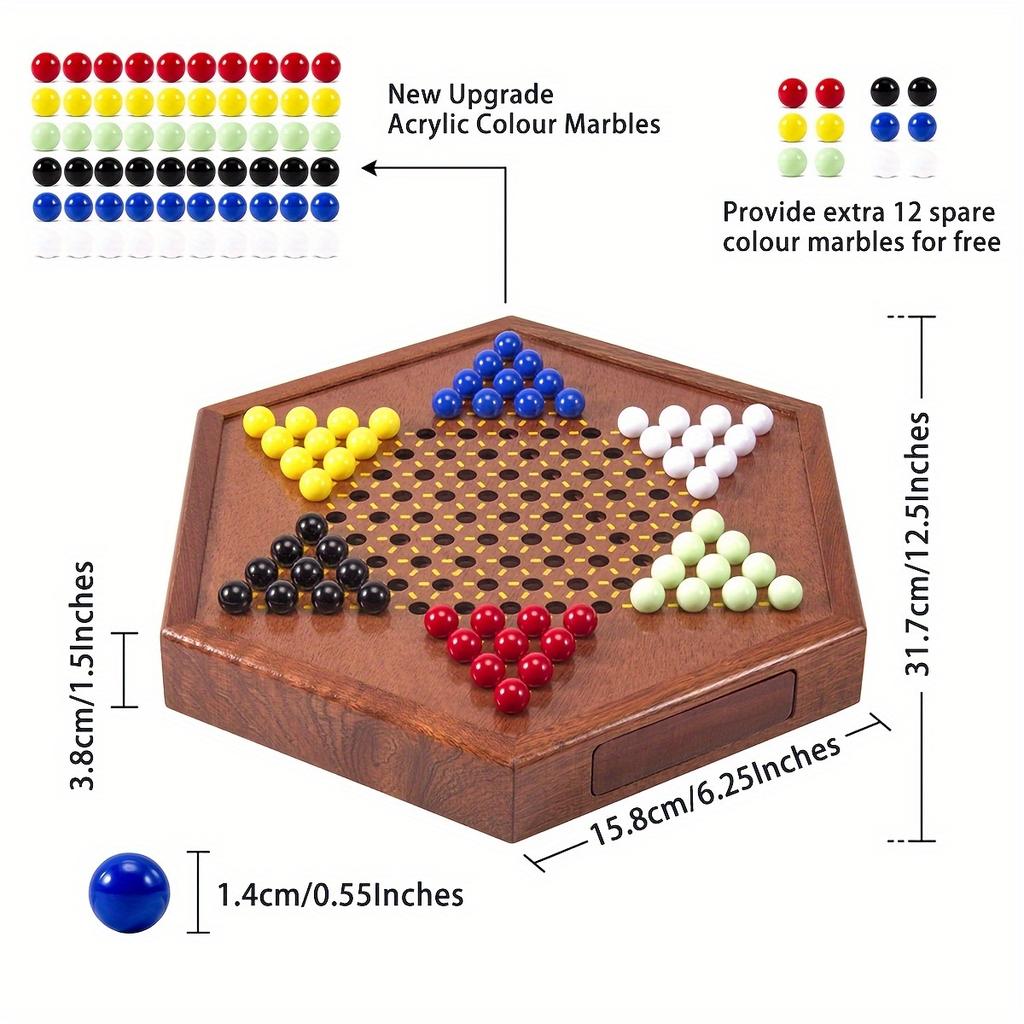 Luxury Wooden Chinese Checkers Game, Hexagonal Board with Storage Drawers, Classic Family Strategy Board Game, Portable Table Chess Game