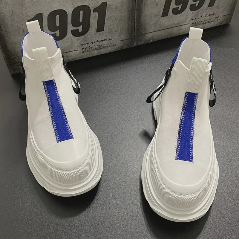 Vyriški vasariniai kvėpuojantys aukštakulniai korėjietiško stiliaus madingi kasdieniai užtrauktuku drobės platforminiai batai