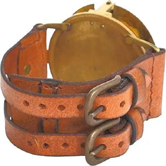 Brass Sundial Compass Wristband Steampunk Roman Design, Leather Strap