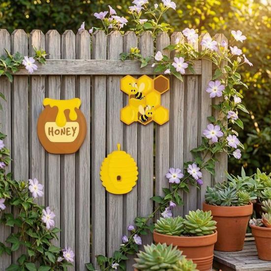Yousheng 3 Pcs Rustic Wooden Bee Wall Art, Vintage Yellow Beehive Honeycomb Jar Wall Hanging Decor for Farmhouse, Wall, Patio, Fence, Indoor, Outdoor