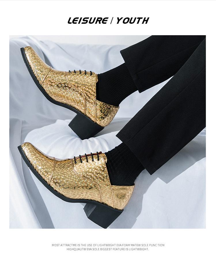 Men's Glossy Leather High Heel Shoes, Large Size, 6cm Height Increase, Trendy Nightclub Style for Spring and Autumn