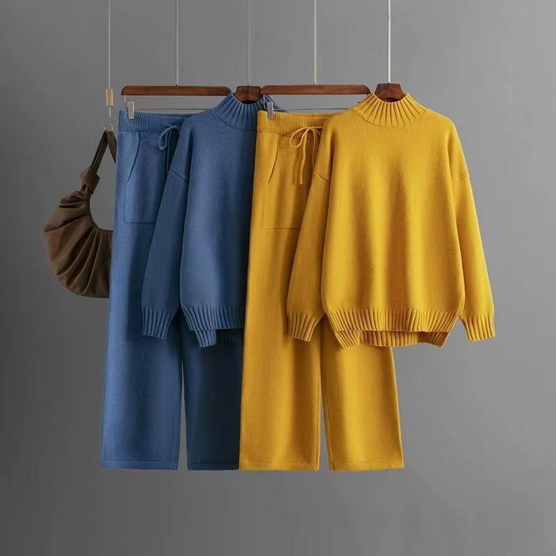 Fashion Winter Knitting Mock Neck Sweater Pants Suit Knited Sweater and Pants Set