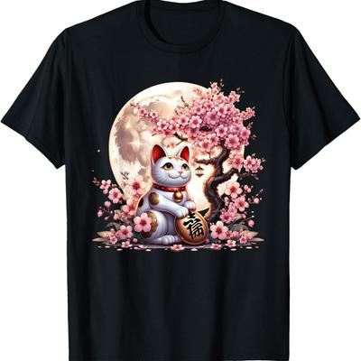 Maneki Neko  Lucky Cat Cherry Blossom Moon T-Shirt
