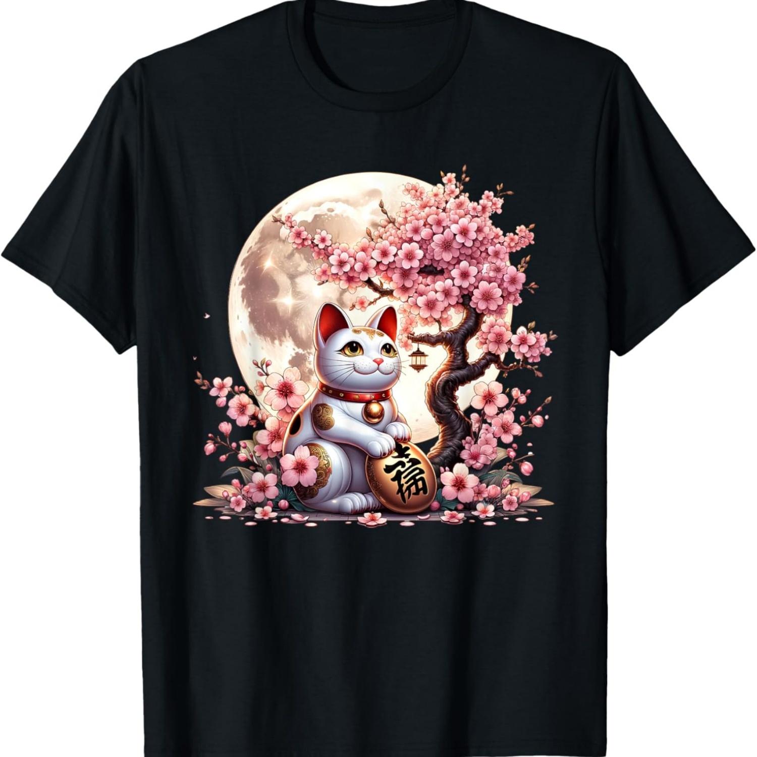 Футболка с Манэки-нэко Счастливый Кот Луна и Цветущая Вишня S чёрный