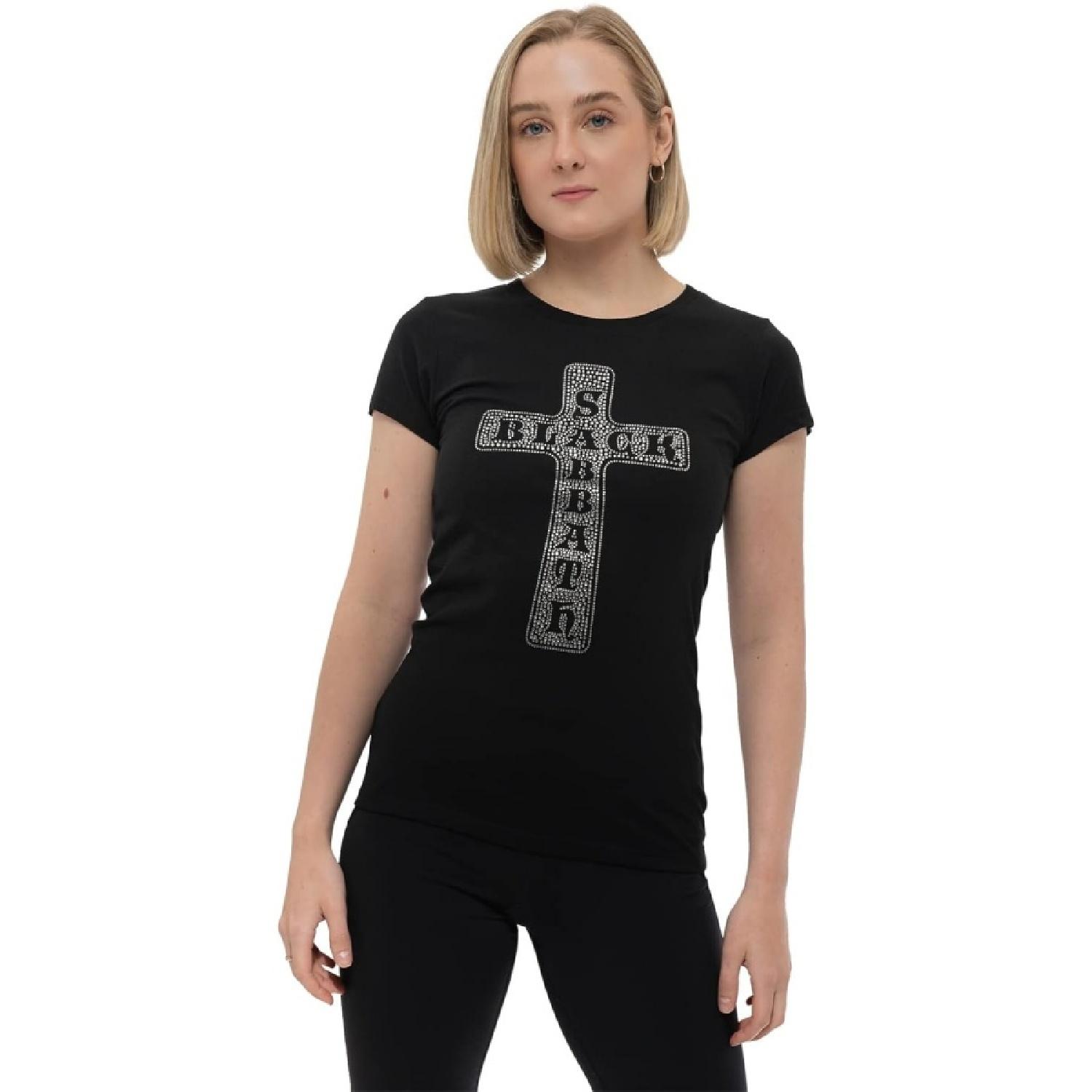 Black Sabbath T Shirt Diamante Cross Band Logo Official Womens Skinny Fit Black Size XXL S