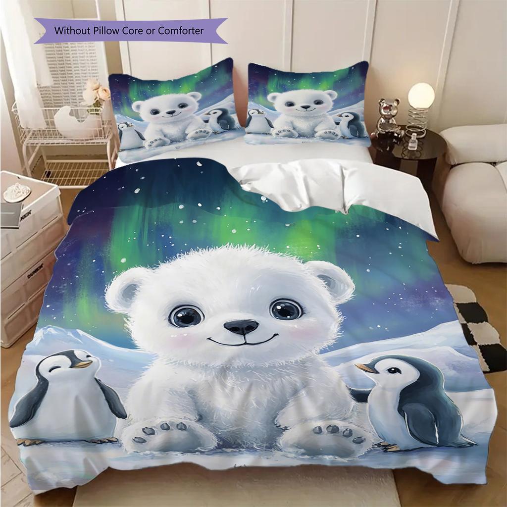 Polar Bear Pattern Bedding Quilt Set Quilt Cover Pillowcase Home Decoration Birthday Gift (1 * Duvet Cover + 2 * Pillowcase, Without Core)