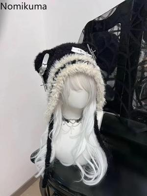 Harajuku Gothic Lolita Knitted Cat Ear Hat Women Punk Designer Cross Bat Winter Black Beanie Cute Hat Female Accessories Cap