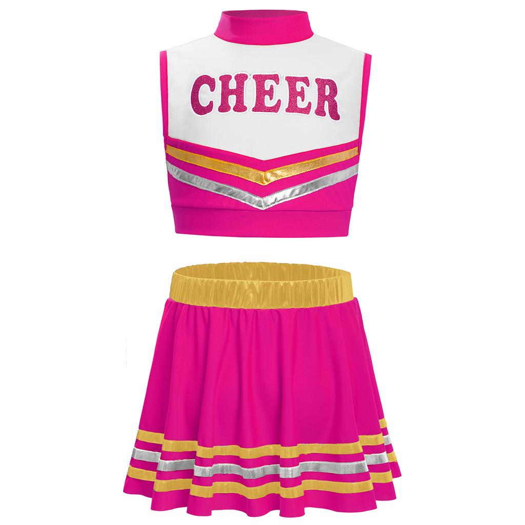 Girls Sleeveless Mock Neck Letters Printed Crop Top Elastic Waistband Striped Skirt Cheerleading Dance Set