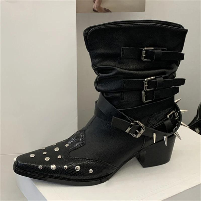 Fashion Sexy Pointed Toe Black Soft Leather Ankle Boots Women Metal Rivets Belt Buckle Design Botines Thick Low Heels Shoes Botas Mujer