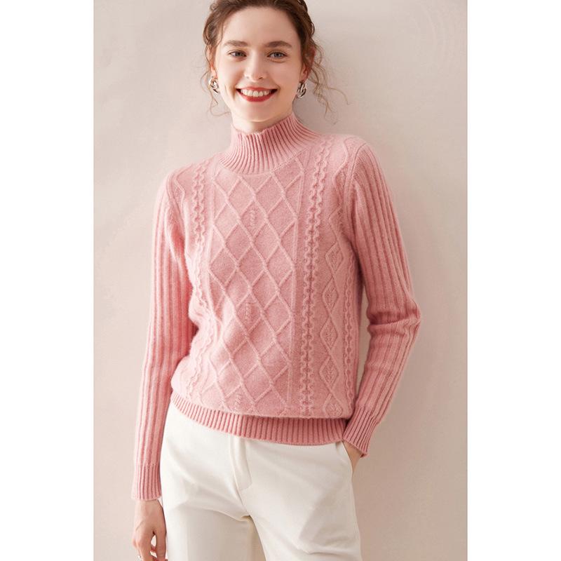 Women's 100% Pure Wool Sweater: Autumn/Winter Half-High Collar, Diamond Cable Knit, Long Sleeve, Loose-Fit Knitwear