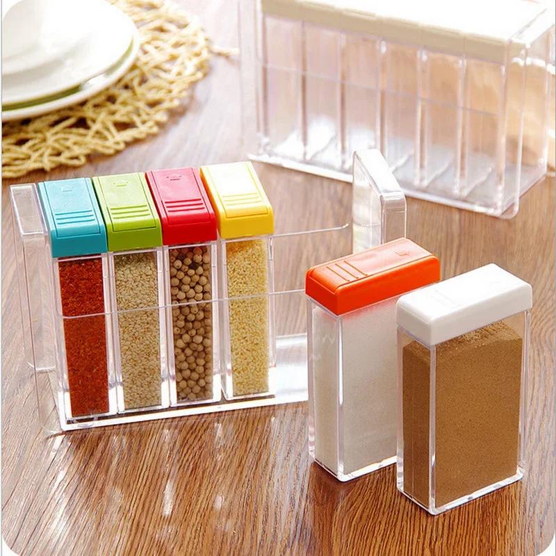 Transparent Spice Jar Set Salt And Pepper Seasoning Bottle Colorful Lid Kitchen Condiment Cruet Storage Container Spice Rack