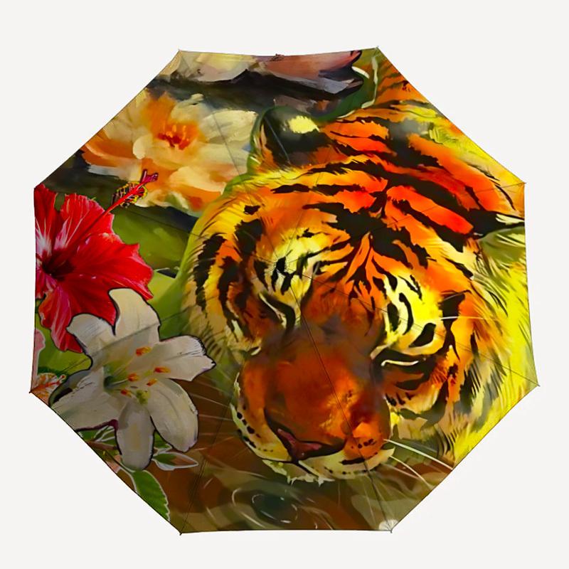 1pc Tiger Flowers Automatic Folding Umbrella Automatic Open/Close, 8-Rib Durable Frame, Compact Travel Umbrella Suitable024