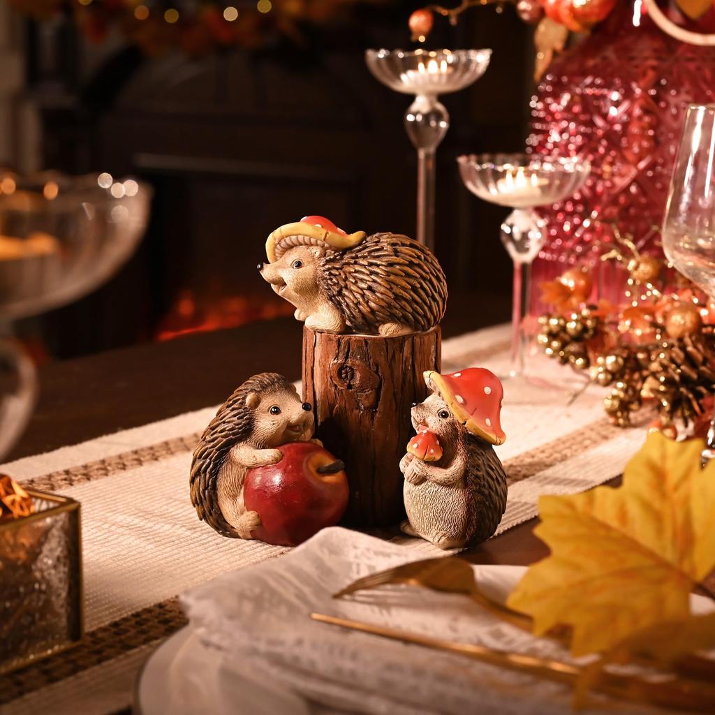 Valery Madelyn Autumn Ornaments, Seasonal Decor, Cute Hedgehog Set of 3 Figurines, Objects, Interior Decor, Outdoor Decor, Statues, Autumn Garden,