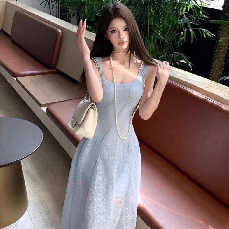 French Summer Blue Suspender Dress Women's New Temperament Waist Thin a Word Seaside Vacation Skirt