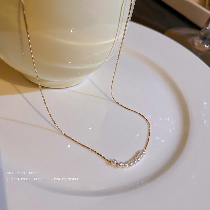 Korean Simple Pearl Geometric Necklace Women's Fine Chain Niche Light Luxury Collarbone Chain Cold Wind Temperament Versatile Neck Chain Women