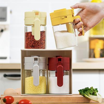 Gewürzbox aus Glas mit Löffel, staubdichtem Deckel, klar, für Arbeitsplatte, Gewürze, Würzmittel, Salz, Zucker, Aufbewahrungsglas, Behälter, Küchenzubehör