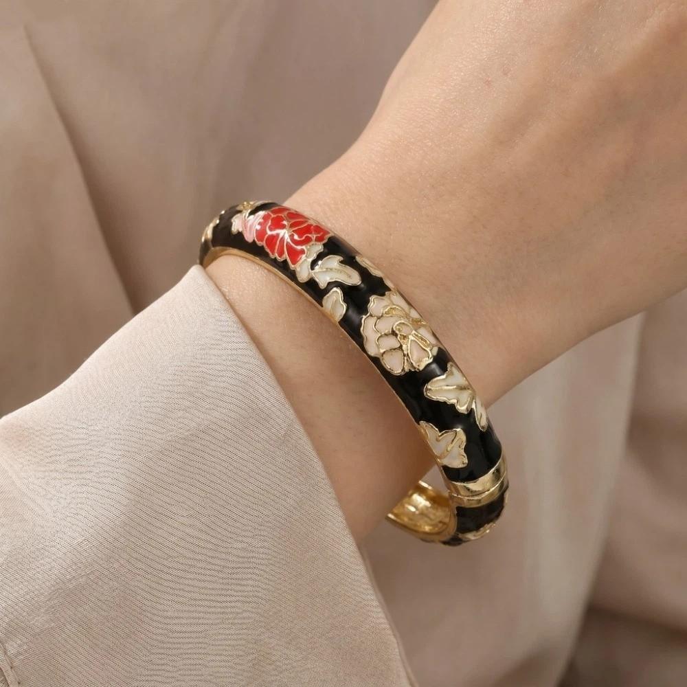 Floral Peony Chinese Flower Bangle Enamel Women's Hand Bracelet Gifts for Women Girl