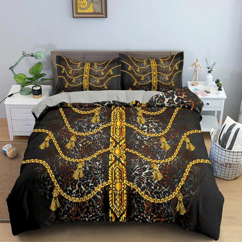 Goldketten Bettbezug Leopardenmuster Bettwäscheset Bettdeckenbezüge für Schlafzimmer Einzel- Kingsize Weicher Steppdeckenbezug Heimtextil