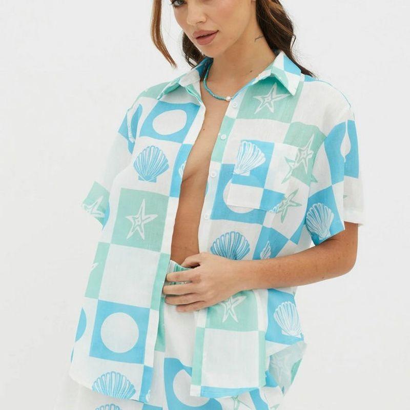 

Fashion Printed Two-Piece Suit Summer New Arrival Fashion Versatile Short Sleeve Shirt Top Loose Casual Shorts Suit Light Blue S