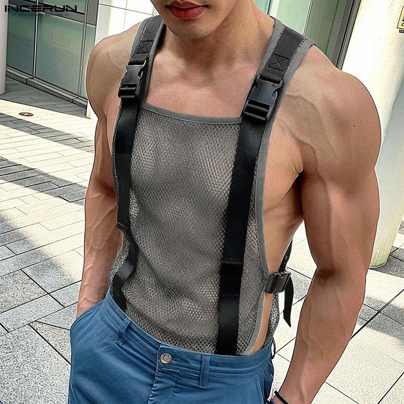 INCERUN Men Summer Sleeveless Mesh See Through Stitching Long Tank Tops