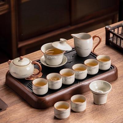 Ru Kiln Kung Fu Tea Set Household Ceramic Teapot Tea Cup Filter Chinese Ink Painting Underglaze Color Tea Set Give A Gift