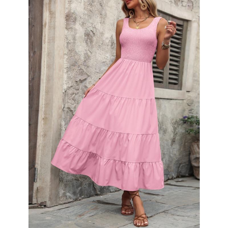 Summer Women's Halter Dress Drawstring Pleated Splicing A-line Large Swing Dresses