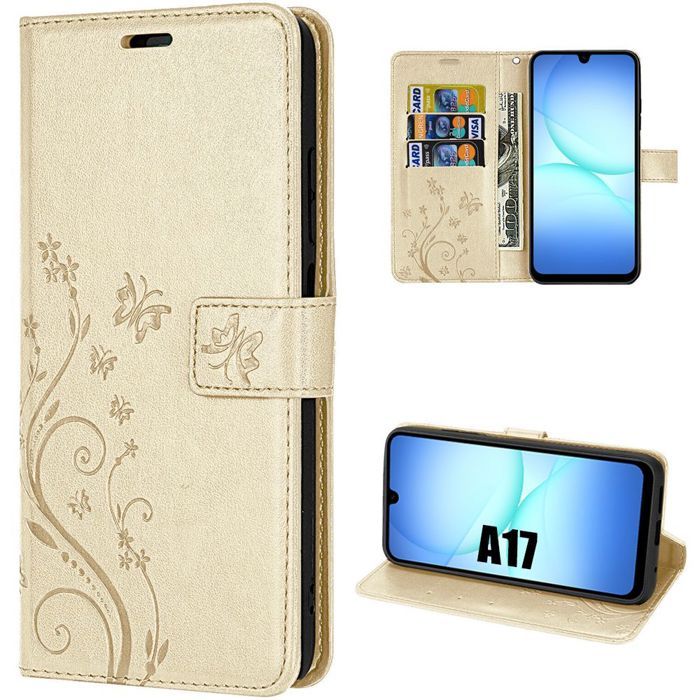 Coque de Protection - BOOLING - pour Samsung Galaxy A17 5G/4G - Synthécuir Doré Motif Papillon Fleur