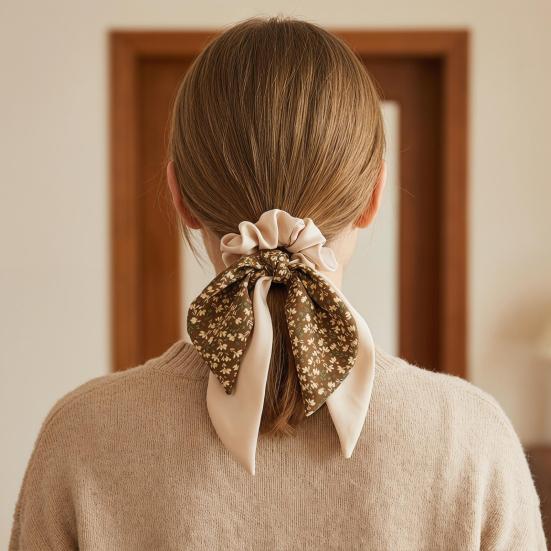 Hair Tie Floral Print Bowknot Ribbon Hair Rope Easy to Wear Bun Half-Tied Hairstyles Ponytail Holder Hair Accessory