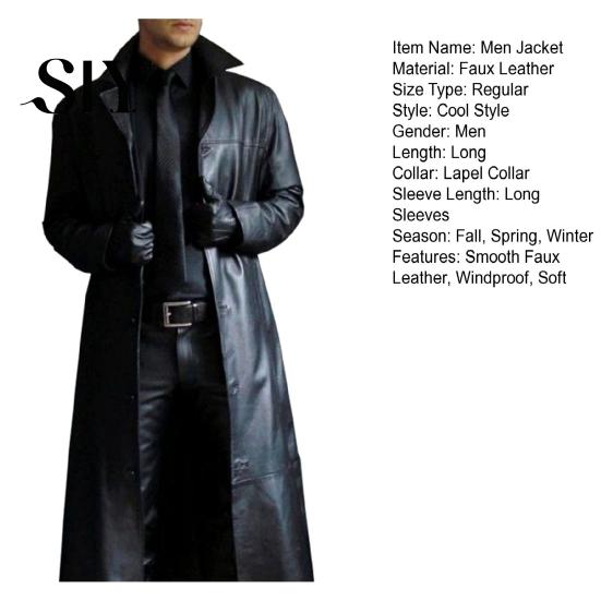 Button Breast Men Jacket Turn-down Collar Smooth Solid Color Faux Leather Windproof Streetwear Slim Fit Long Sleeve Trench Coat Fall