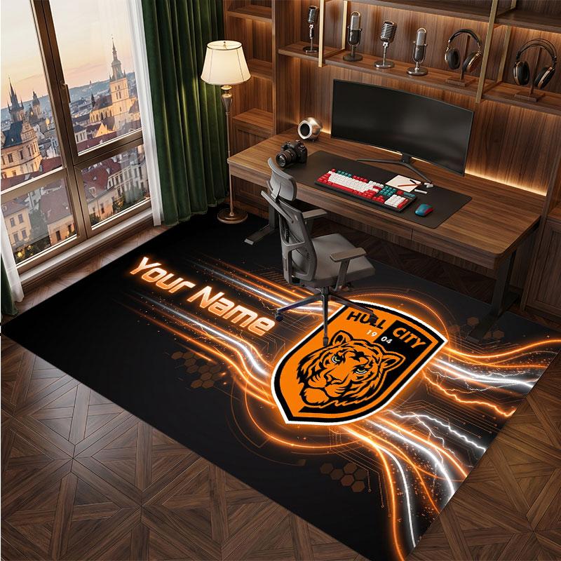 Hull City Custom Crystal Velvet Rug, Personalized Name Text Print, Football Logo Soft Non‑Slip Floor Mat Home Decor Gift