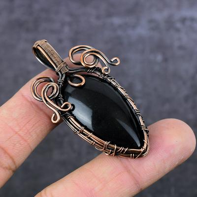 Schwarzer Onyx Edelstein Handgemacht Kupferdraht Wickelschmuck Anhänger 2,36" f9Q72