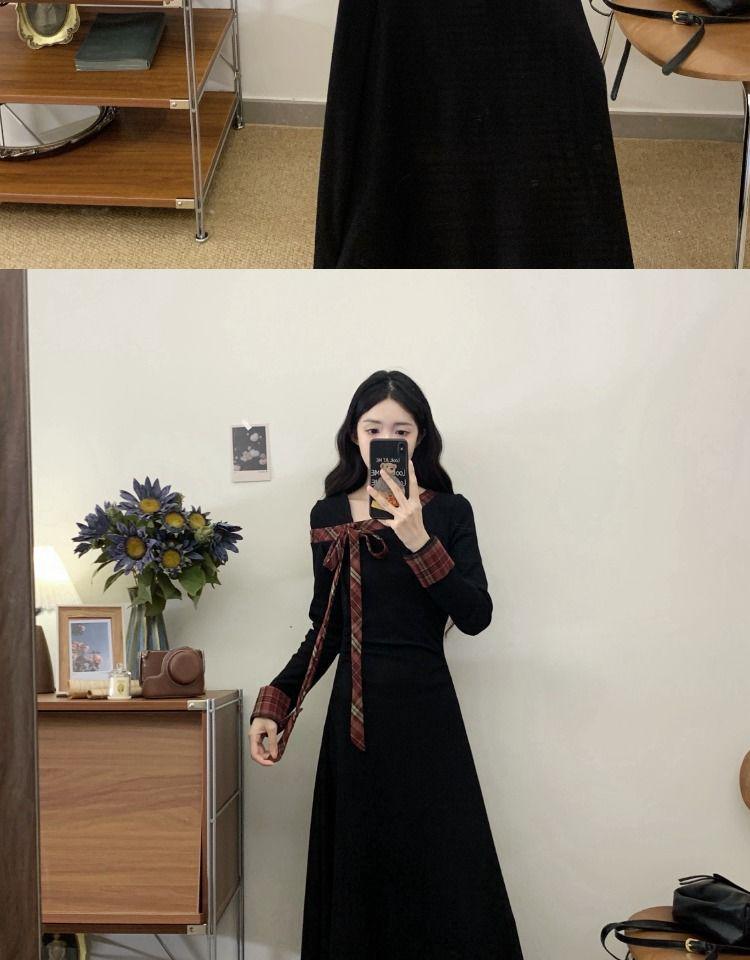 French Hepburn Style Little Black Dress - Bow Long Sleeve, Tummy Concealing, Slimming Mid-Length Ladies' Dress for Spring 2026.