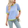 Women's Round Neck Half Sleeve Loose Fit Striped Color Block Knit Top Casual Sweater
