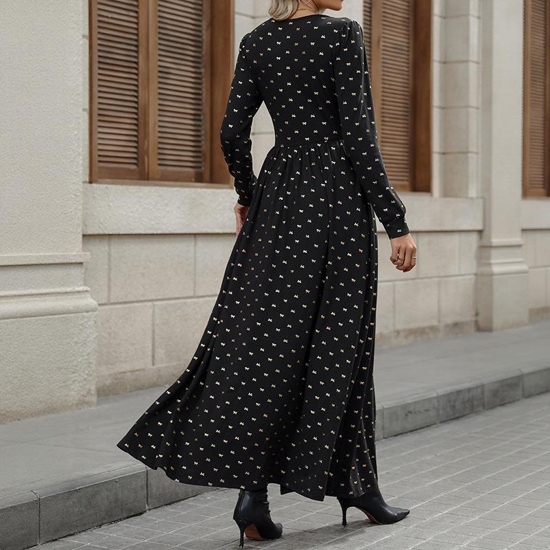 New Autumn Elegant Retro Style Lace V-neck Bow Printed Long Sleeved Dress