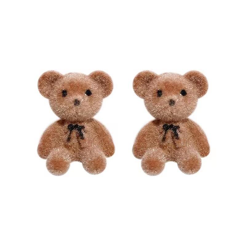 Korean Flocking Teddy Bear 925 Silver Stud Earrings - Trendy & Simple Design for 2023