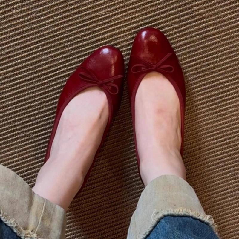 Huge Look! Super Soft Sheepskin Is Not Tired of Single Shoes, Retro Red Round Head Bow, Light Mouth Inner Height-increasing Ballet Shoes