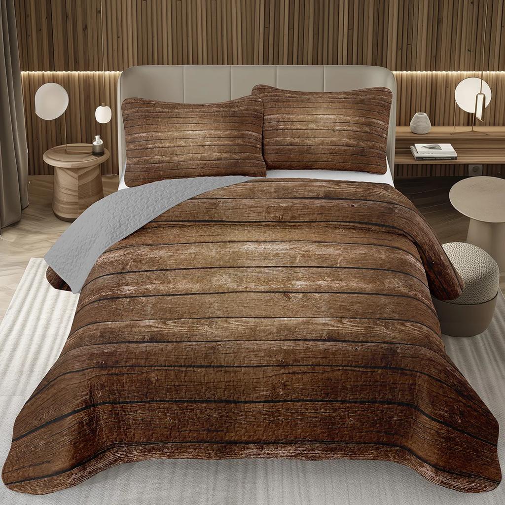 Rustic Wooden Board Coverlet Set Western Farmhouse Bedspread Queen Grunge Wooden Wood Lodge Quilted Bedding Set For Kids Teen