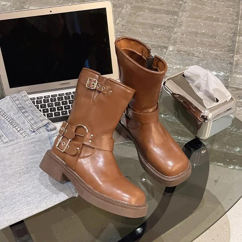 Women Platform Shoes  Simple Retro Western Cowboy Boots Square Toe Thick Heel Soft Soled Comfortable Knight Biker Boots