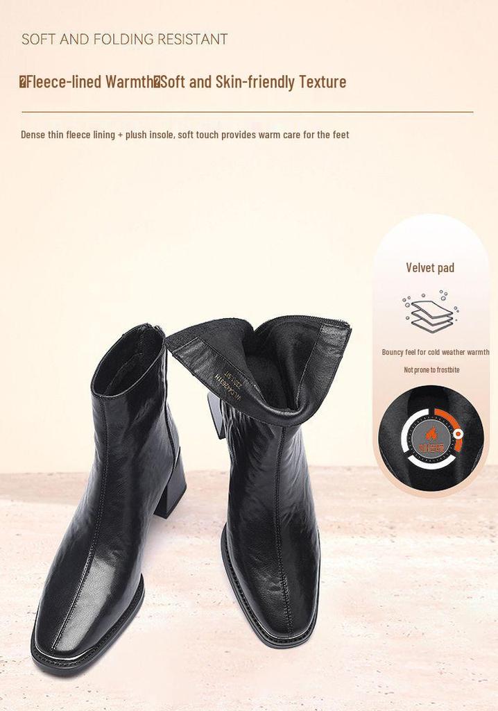 Red Dragonfly Women's Stylish High-Heeled Genuine Leather Ankle Boots - Super Soft, Plus Velvet, Mid-Calf for Spring, Autumn, and Winter.