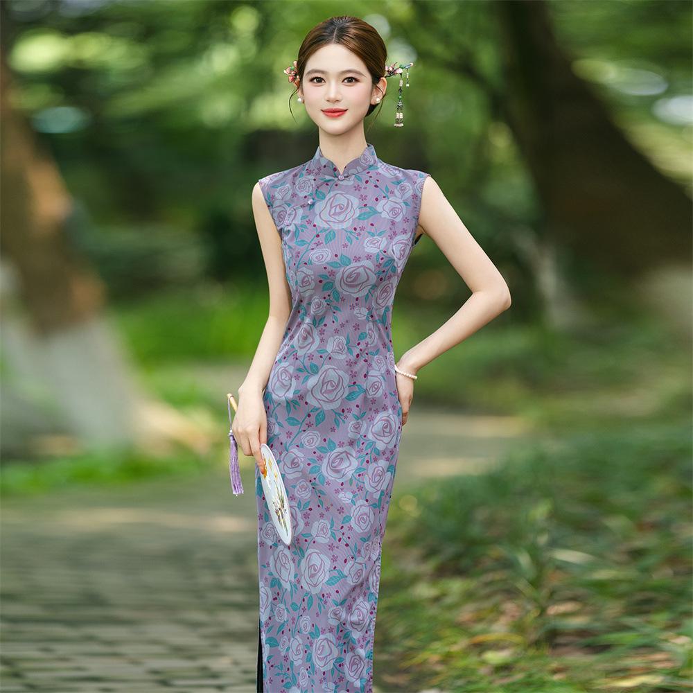 Premium retro improved cheongsam 1011 young girl purple mesh sleeveless slim temperament dress summer