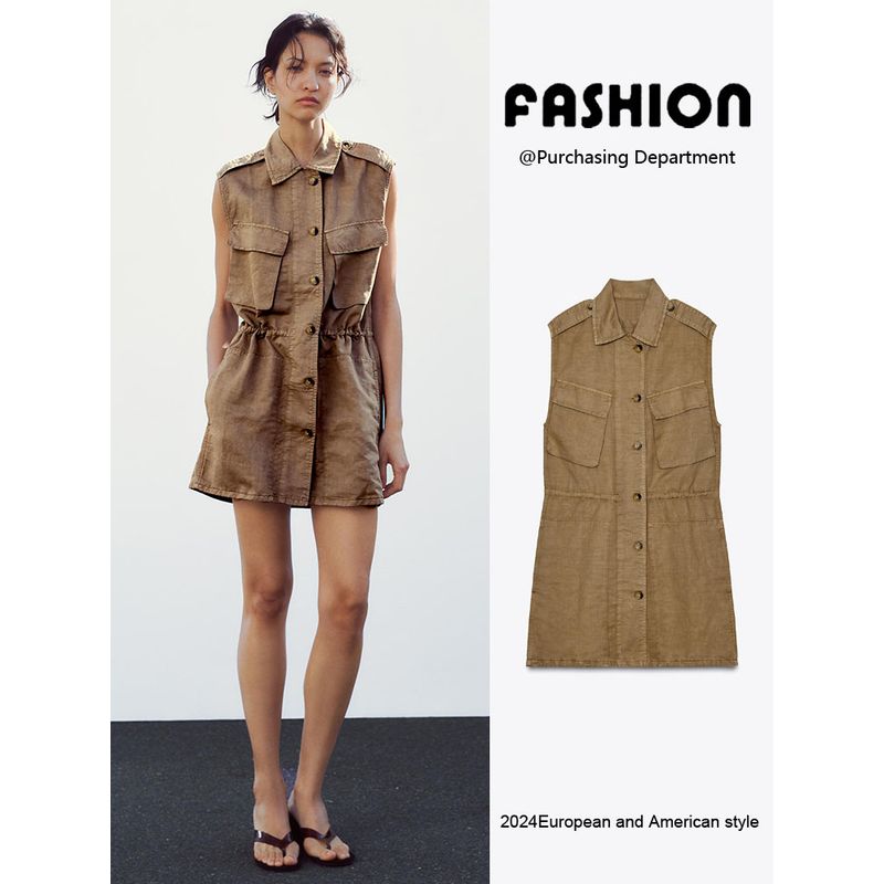 Za2025 Summer New Product Women's Clothes Single-Breasted Pocket Sleeveless Lapel Short Dress 8197085 707