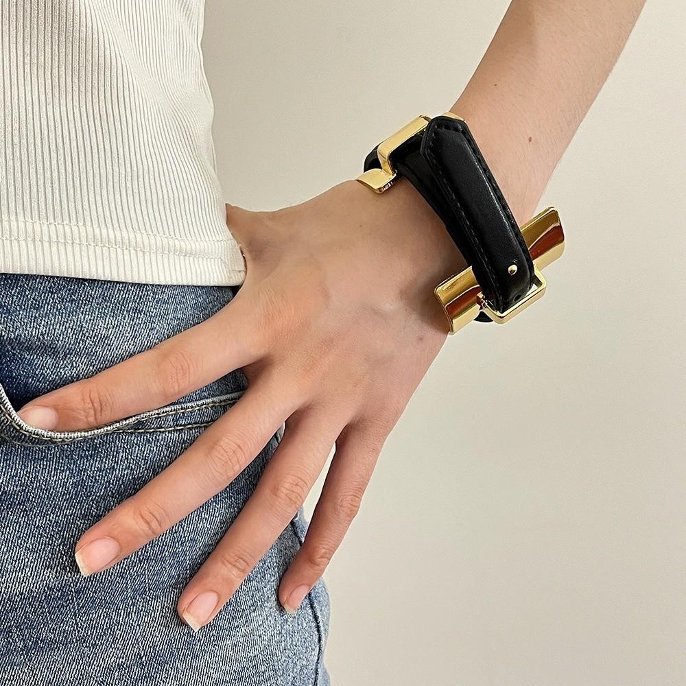 Armlet Belt Buckle Leather Bracelet Golden Women Open Bangle Exaggerated Metal Bangle  Versatile