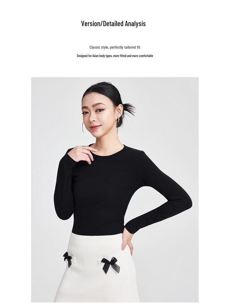 She Exhibition Women's Cotton Round Neck Long Sleeve T-shirt, 2025 Autumn/Winter Style Base Layer Top.