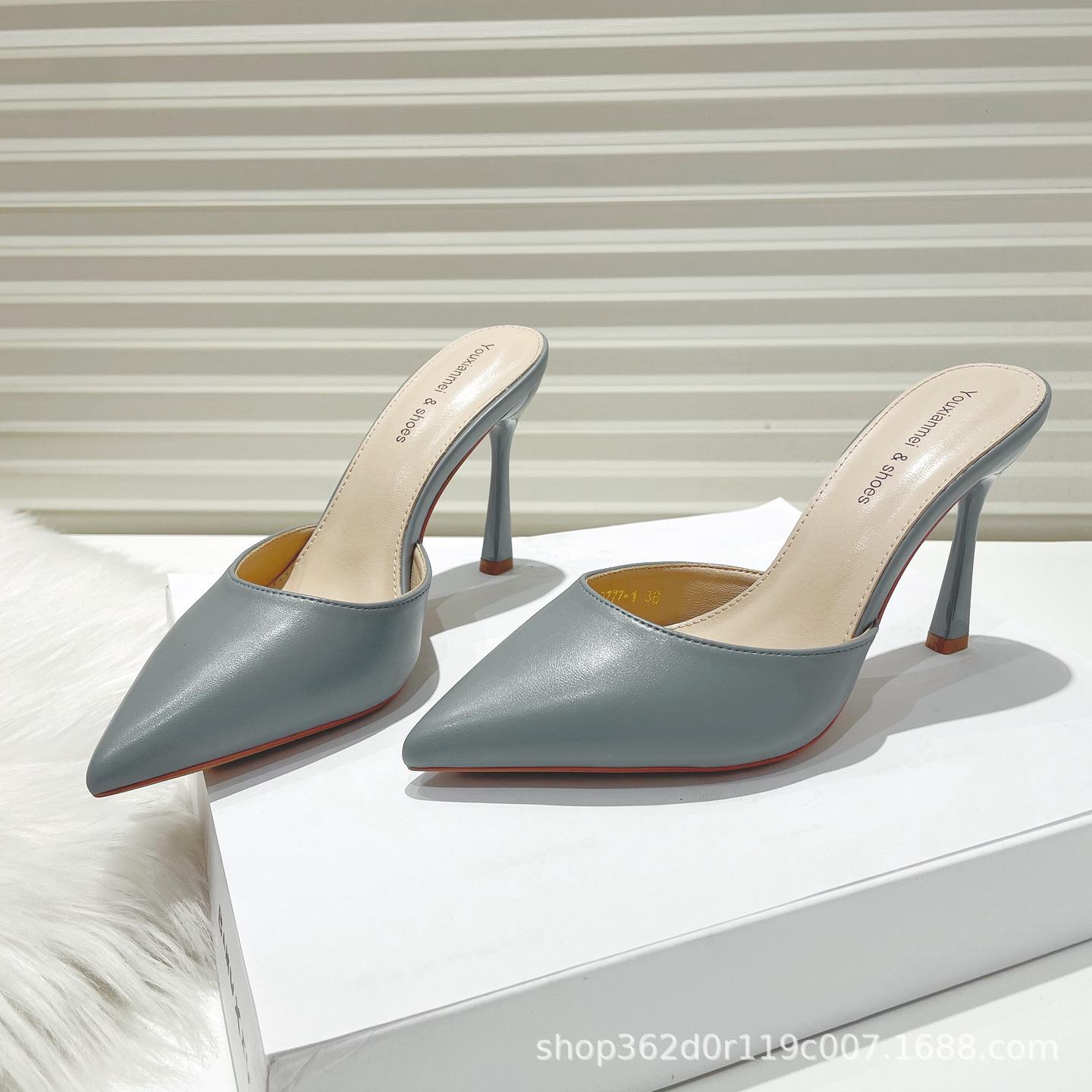 

Корейская версия универсальных женских босоножек на высоком каблуке с острым носком, остроносых одинарных туфель, модных женских тапочек с одной педалью 34 синий