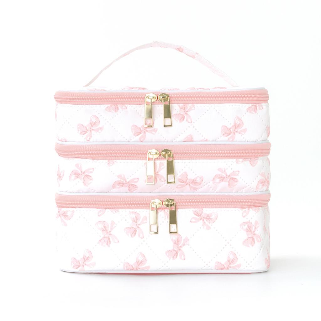 3 Layer Large Capacity Cosmetic Bag Quilted Multifunctional Portable Handbag for Women College Students Travel Dormitory