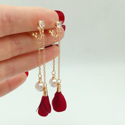 Nachgemachte Perle ohne durchbohrte Ohrringe Clip-on Earline Lange Blume Einfache Clip-on-Ohrringe für Frauen