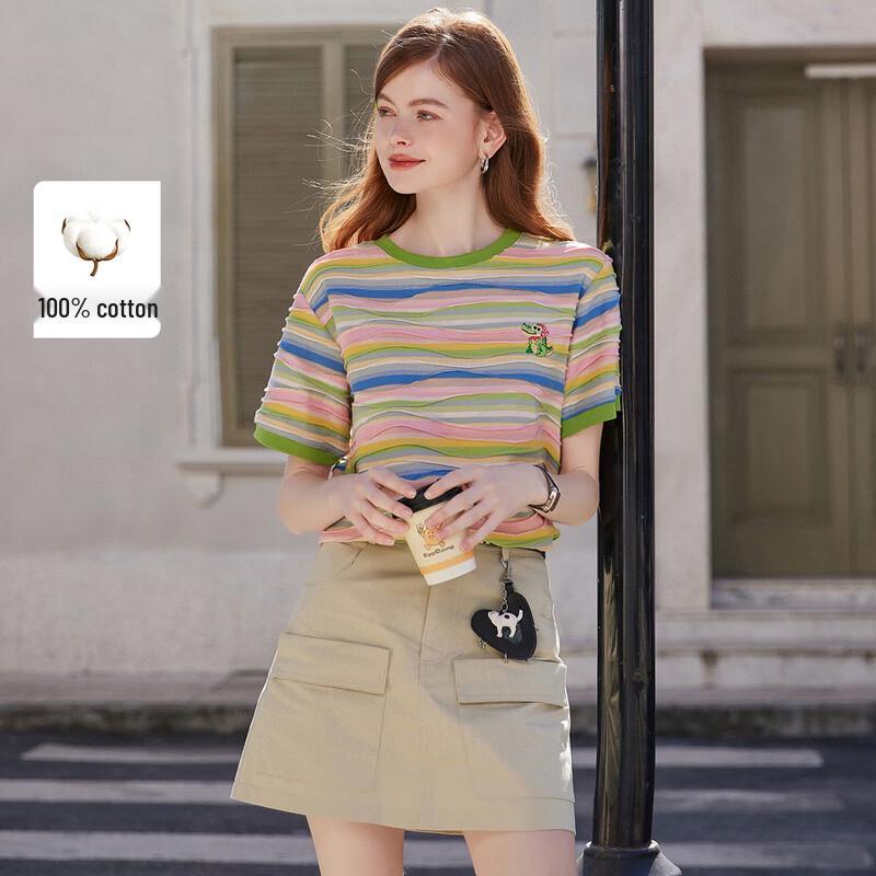 

Женская хлопковая футболка с коротким рукавом в полоску Bailuyu XL