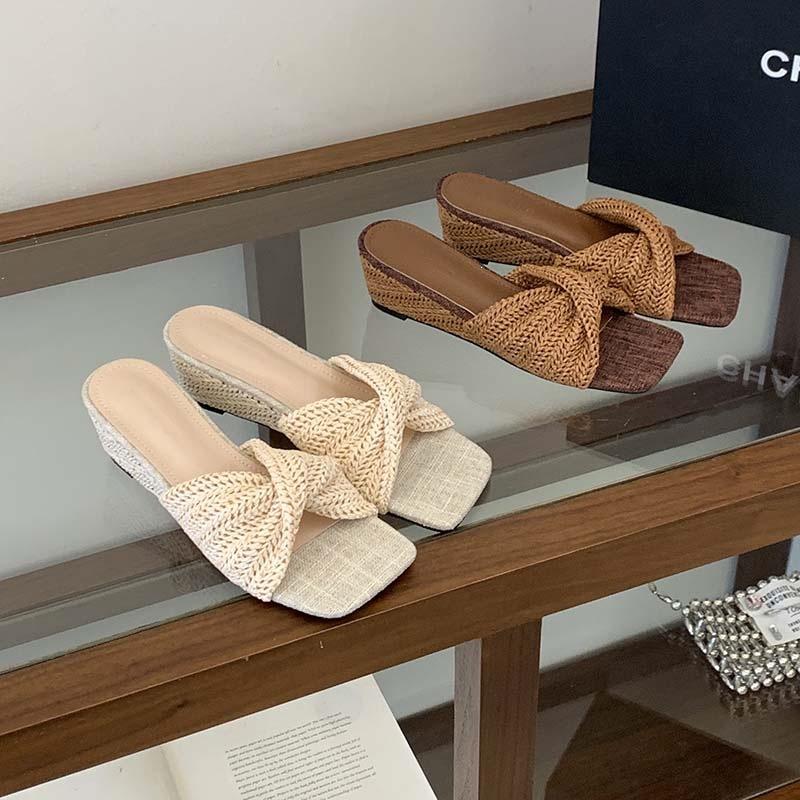 Woven Wedged One-Word Slippers Women'S Summer Wear Heightening Cool Slippers Bohemian Sandals