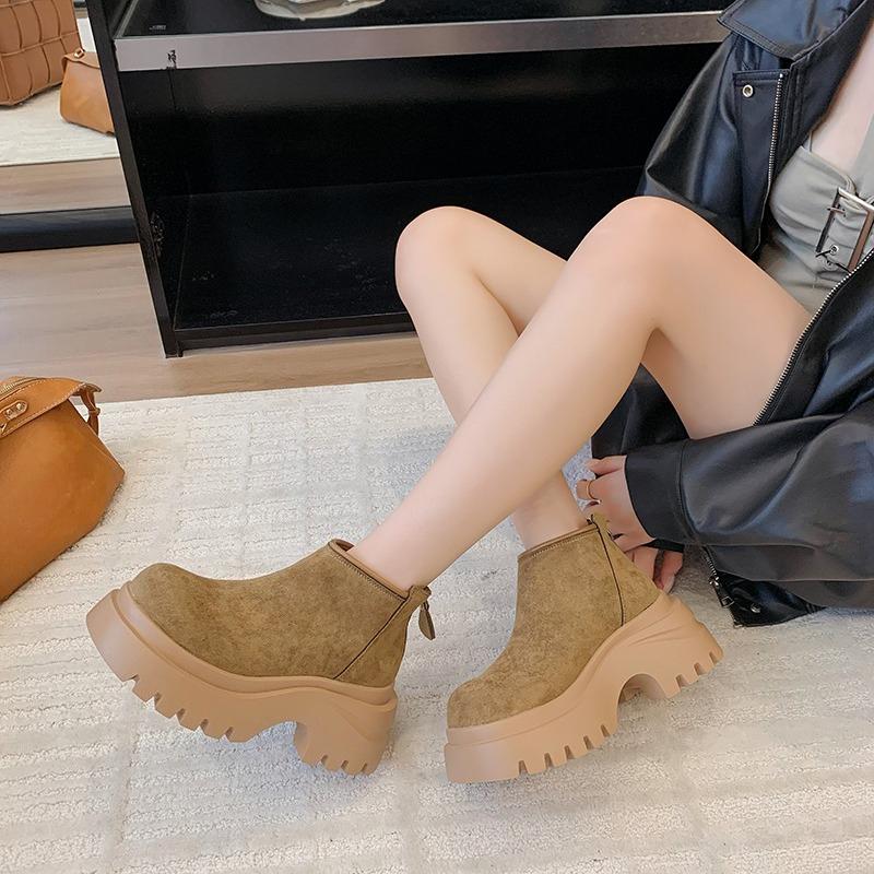 Platform Block Heel Single Boots Autumn New Round Toe Suede Rear Zipper Anti-Slip Wear-Resistant Short-Thigh Boots