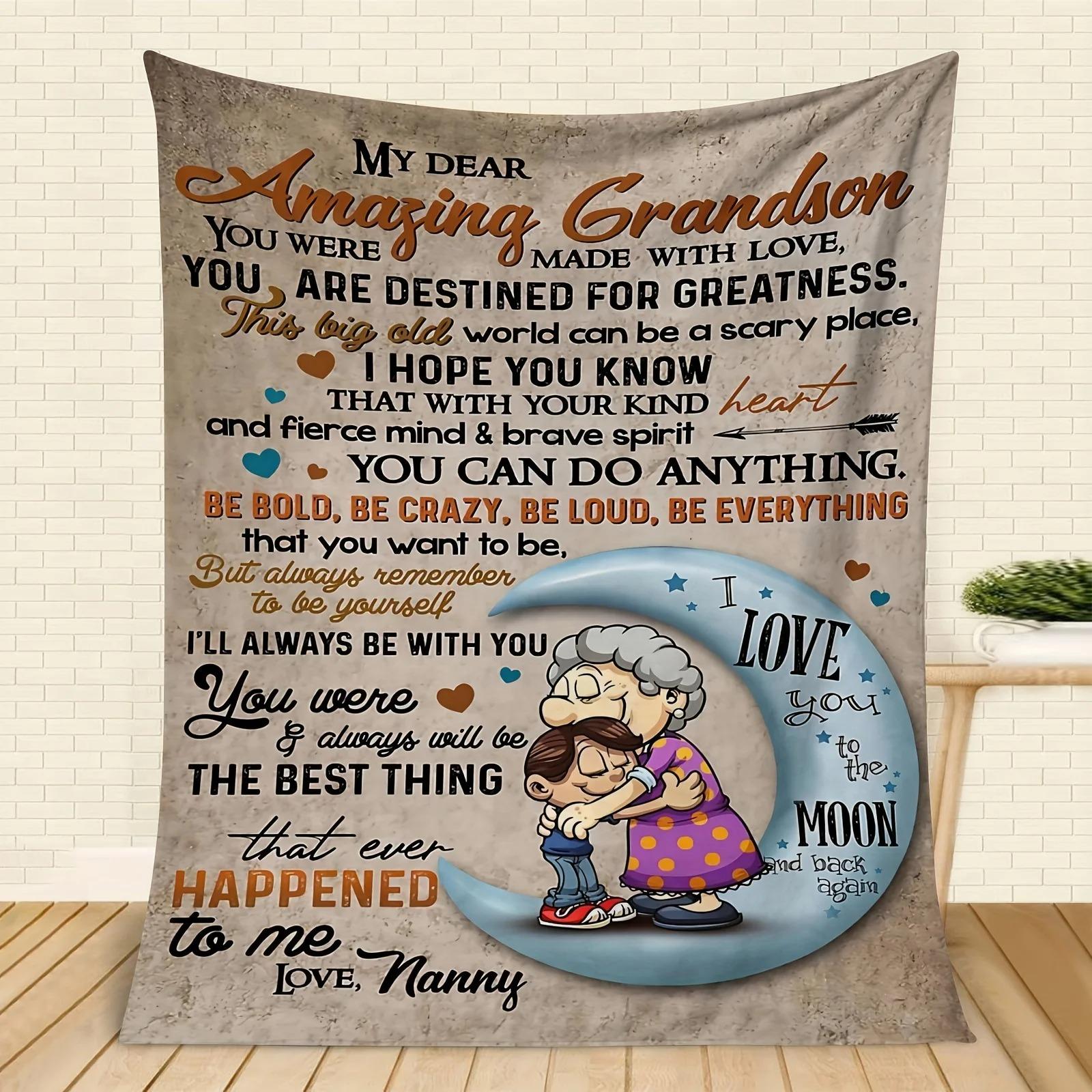 A Letter To My Grandson Flannel Throw Blanket, Heartwarming Soft Blanket for Grandma Gift, All Season Cozy Couch Bed Decor 70x100cm